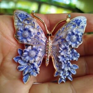 Anthropologie Blue and Gold Butterfly Brooch